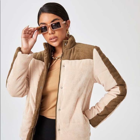 SHEIN Jackets & Blazers - SHEIN Corduroy Contrast Panel Funnel Neck Coat
